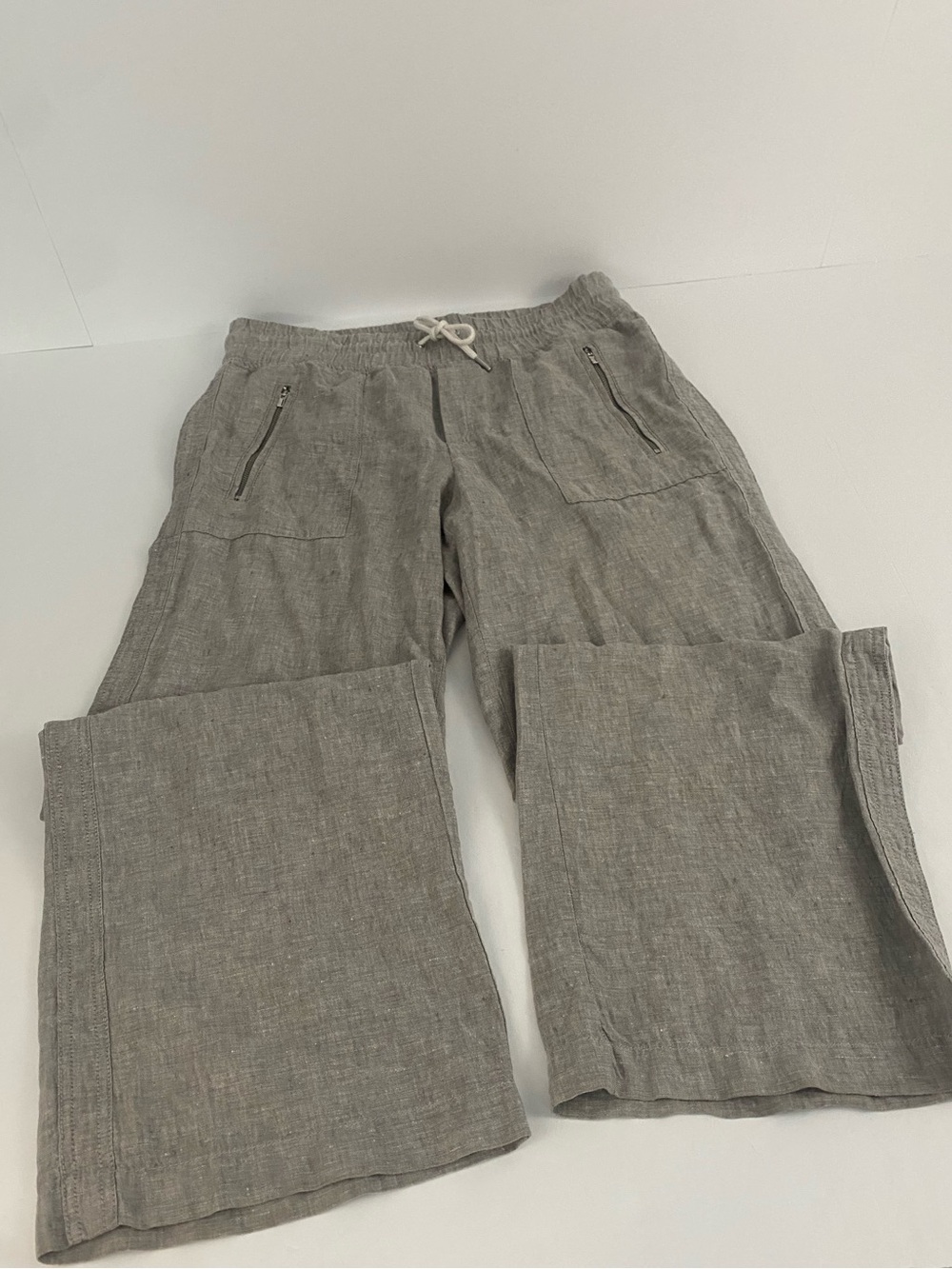 Athleta Cabo Linen Wide Leg Pants Drawstring Size 6 Heather Grey 100% Linen